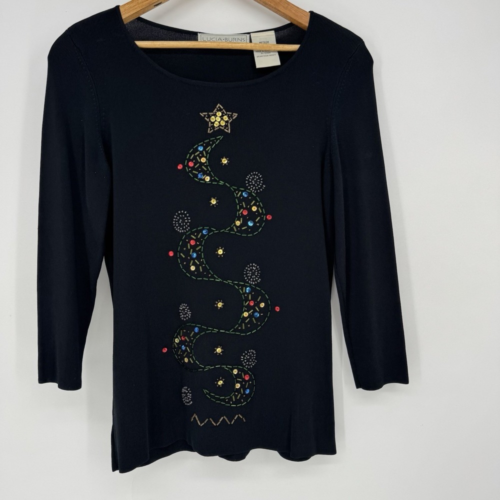 Vintage Christmas Knit Sweater Women's Medium Sequin Ornaments Embellished‎